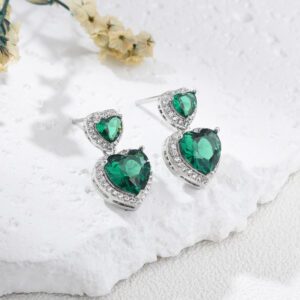 Double Heart Green Crystal Stud Earrings, Silver Plated Drop Earrings with CZ Accents, Dainty Elegant Jewelry Gift for Women, ER369