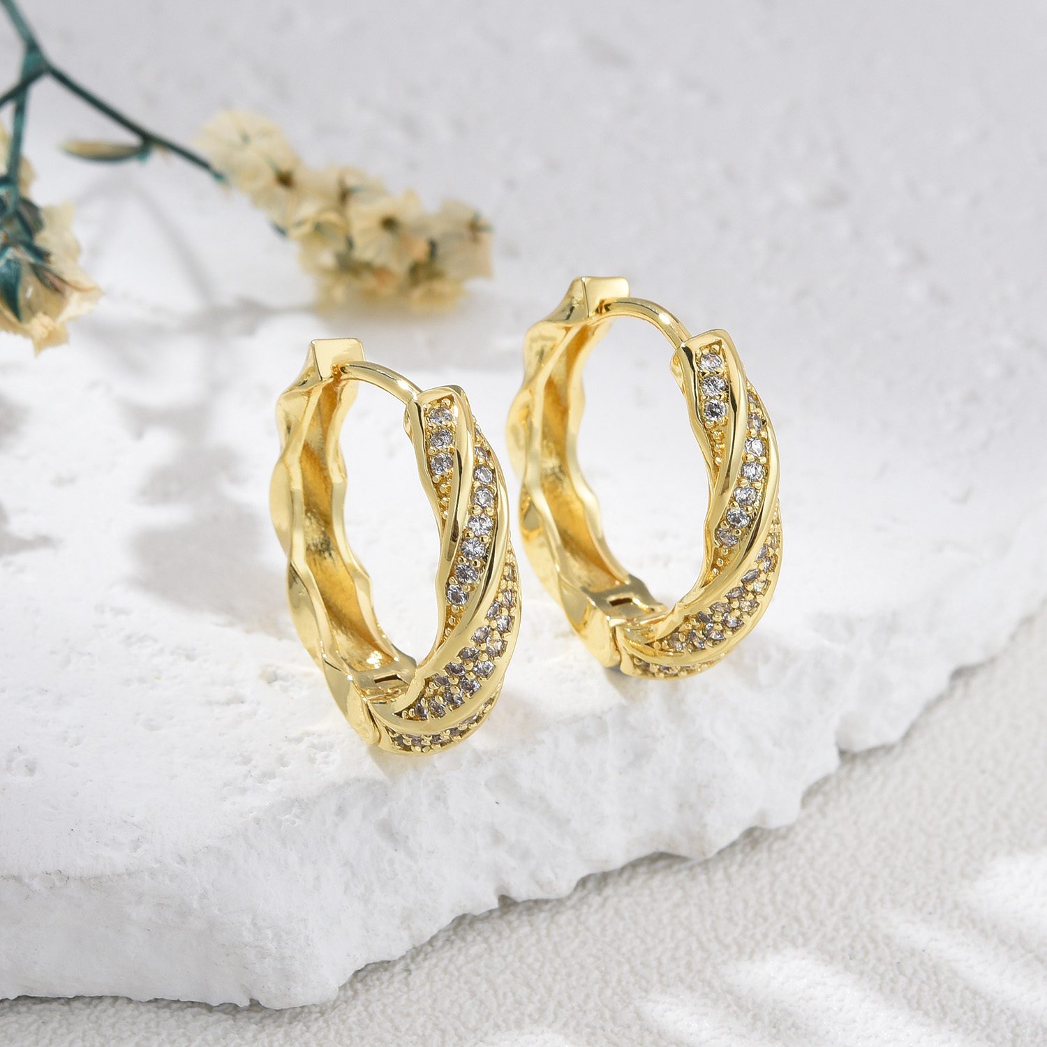Gold Plated Twisted Hoop Earrings with CZ Accents, Elegant Textured Chunky Hoops for Women, Minimalist Bold Jewelry Gift for Her, ER370