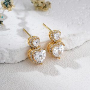 Gold Plated Heart Drop Earrings with CZ Accents, Double Heart Crystal Studs, Dainty Sparkly Jewelry Gift for Women, ER371