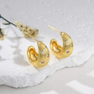 Textured Gold Plated Hoop Earrings with CZ Accents, Chunky Dome Stud Earrings for Women, Minimalist Retro Bold Jewelry Gift for Her, ER372