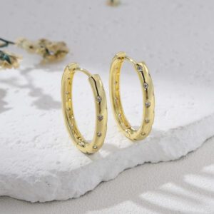 Gold Plated Oval Hoop Earrings with CZ Stars, Dainty Polished Starry Hoops for Women, Elegant Minimalist Jewelry Gift for Her, ER373
