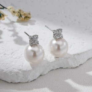 Mother of Pearl Shell Drop Earrings, CZ Stud Silver Tone Elegant Earrings for Women, Classic Dainty Bridal Jewelry Gift for Her, ER374