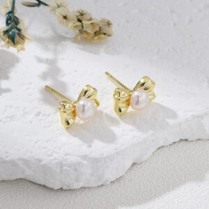 Gold Plated Freshwater Pearl Bow Stud Earrings, Gold Tone Dainty Real Pearl Earrings for Girls Women, Cute Minimalist Jewelry Gift, ER375
