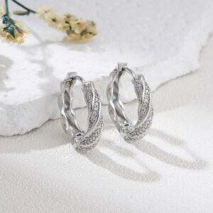 Silver Tone Twisted Hoop Earrings, Pave CZ Huggie Hoops for Women, Elegant Round Small Hoops, Statement Minimalist Jewelry Gift Idea, ER376