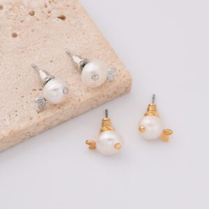 Gold Filled Freshwater Pearl Stud Earrings, Bee Inspired Design with Leaf Wings, Minimalist Cute Gift for Women, Two Tone Option, ER377