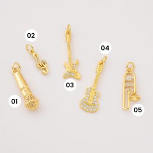 Gold Filled Music Charms with CZ for DIY Necklace Bracelet Jewelry, Guitar Microphone Trombone Treble Clef Pendant for Musicians, Lot005