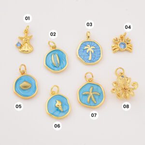 Gold Filled Enamel Beach Charms for DIY Necklace Bracelet Jewelry, Ocean Starfish Shell Palm Tree Octopus Crab Cowrie Pendant, Gift, Lot006