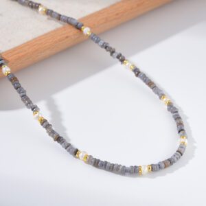 Gray Agate Beaded Necklace with White Pearl Accents, Gold Filled Layered Choker, Handmade Minimalist Boho Jewelry Gift for Women, NL108