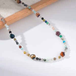 Colorful Agate Beaded Necklace, Handmade Gemstone Choker with Faceted Round Beads, Minimalist Boho Layered Jewelry Gift for Women, NL109