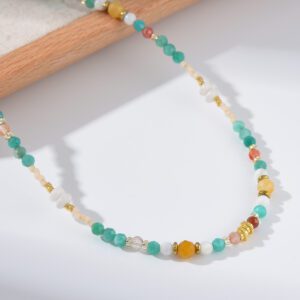 Amazonite Beaded Choker Necklace, Gold Filled Minimalist Jewelry with Shell Accents, Handmade Layered Boho Gemstone Gift for Her, NL110