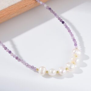 Purple Agate and Pearl Beaded Choker Necklace, Gold Filled Handmade Layered Gemstone Jewelry, Elegant Boho Minimalist Gift for Her, NL112