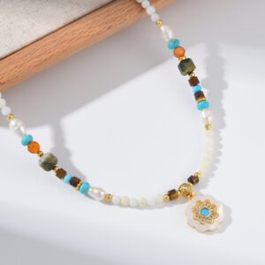 Turquoise and Pearl Beaded Necklace, Gold Filled Charm Choker for Women, Handmade Boho Layered Jewelry Gift with Enamel Shell Accent, NL114