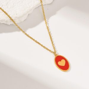 Gold Filled Heart Necklace, Stainless Steel Pendant with Pink Red Enamel, Dainty Oval Love Charm for Women, Minimalist Gift for Her, SNL077