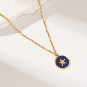 Gold Filled Star Enamel Necklace, Navy Blue Round Pendant on Stainless Steel Chain, Dainty Elegant Celestial Jewelry Gift for Women, SNL078