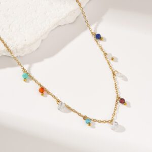 Gold Filled Multi Gemstone Beaded Necklace, Colorful Charm Drop Chain, Minimalist Dainty Jewelry Gift for Women, Layered Style, SNL079