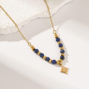 Gold Filled Beaded Gemstone Necklace with CZ Star Charm, Stainless Steel Chain, Dainty Elegant Layered Jewelry Gift for Women, SNL080