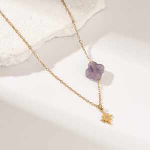 Gold Filled Flower Gemstone Necklace with Star Charm, Amethyst Moonstone Malachite Obsidian Pendant Jewelry, Dainty Gift for Her, SNL081