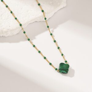 Gold Filled Clover Gemstone Necklace with Enamel Beaded Chain, Natural Stone Pendant Jewelry Gift for Women, Minimalist Layered, SNL082