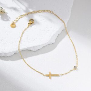 Gold Filled Cross Anklet, Adjustable Dainty Faith Anklet with CZ Charm, Elegant Minimalist Sideways Cross Jewelry Gift for Women, AL001