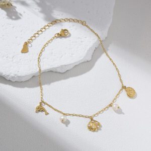 Gold Filled Ocean Charm Anklet, Dolphin Shell Pearl Anklet for Women, Beach Themed Foot Chain Summer Jewelry Gift, Adjustable, AL003