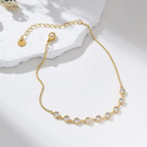 Gold Filled Crystal Anklet for Women, Dainty Bezel Set CZ Foot Chain, Adjustable Minimalist Jewelry Gift for Summer, Beach Style, AL004