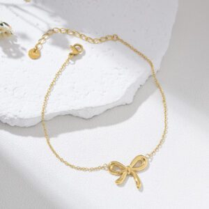Gold Filled Bow Charm Anklet, Cute Ribbon Pendant Foot Bracelet, Dainty Gold Chain Elegant Minimalist Jewelry Gift for Girls Women, AL007