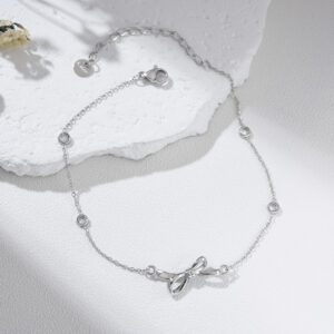 Silver Tone Bow Charm Anklet, Dainty Ribbon Pendant Foot Bracelet with Bezel CZ Accents, Cute Minimalist Jewelry Gift for Women Girls AL008