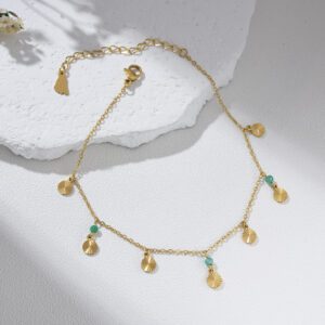Gold Filled Coin Charm Anklet with Gemstone Beads, Adjustable Dainty Foot Jewelry for Women, Minimalist Beach Anklet Gift for Her, AL010