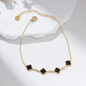 Gold Filled Clover Anklet with Black Enamel Charm, Adjustable Minimalist Lucky Clover Charm Foot Chain Jewelry Gift for Women, AL012