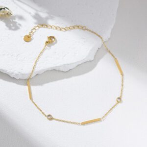Gold Filled Anklet with Dainty Bar Links and CZ Accents, Minimalist Adjustable Foot Chain Jewelry for Women, Everyday Elegant Anklet, AL013
