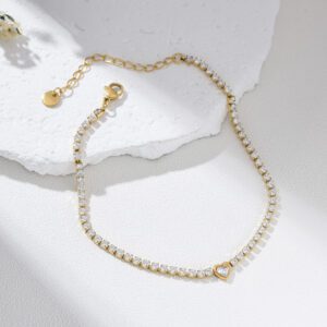 Gold Filled CZ Tennis Anklet with Dainty Heart Charm, Sparkly Adjustable Foot Chain Jewelry for Women, Elegant Minimalist Gift for Her AL015