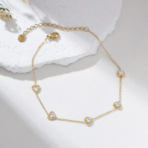 Gold Filled Anklet with Sparkly Heart CZ Charms, Adjustable Dainty Foot Chain Jewelry for Women, Minimalist Romantic Gift for Her, AL018