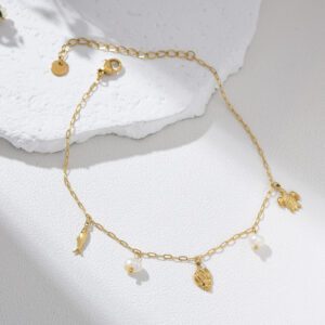 Gold Filled Ocean Charm Anklet with Freshwater Pearls, Adjustable Sea Life Foot Jewelry for Women, Turtle Fish Shell Beach Gift, AL019