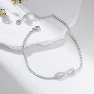 Infinity Tennis Anklet in Silver with Sparkly CZ Crystals, Adjustable Dainty Foot Jewelry for Women, Elegant Symbolic Gift for Her, AL020