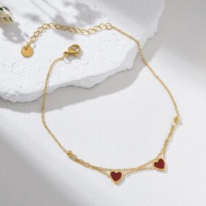 Gold Filled Double Chain Anklet with Red Enamel Heart Charms, Adjustable Dainty Foot Jewelry for Women, Romantic Gift Bracelet, AL023