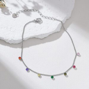 Rainbow CZ Anklet in Silver Tone, Adjustable Colorful Crystal Foot Chain Jewelry for Women, Dainty Minimalist Pride Gift Bracelet, AL024