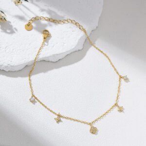 Dainty Gold Filled CZ Charm Anklet with Sparkly Star and Square Drops, Adjustable Elegant Minimalist Foot Jewelry Gift for Women, AL025