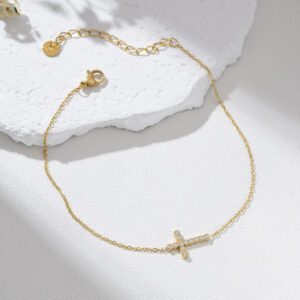 Gold Filled Cross Anklet with Sparkly CZ Charm, Adjustable Religious Foot Chain Jewelry for Women, Dainty Elegant Faith Gift Bracelet, AL026