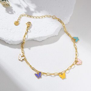 Gold Filled Butterfly Charm Anklet with Colorful Enamel Charms, Adjustable Paperclip Foot Chain Jewelry for Women, Cute Summer Gift, AL028