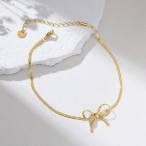 Gold Filled Bow Charm Anklet with Flat Snake Chain, Adjustable Minimalist Foot Jewelry for Women, Elegant Dainty Anklet Gift for Her, AL030
