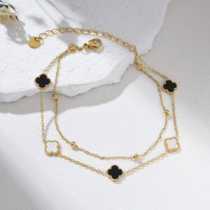 Double Layer Gold Filled Clover Anklet with Black and White Charms, Adjustable Lucky Foot Chain Jewelry for Women, Gift for Her, AL031