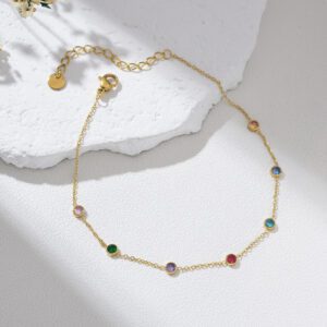 Gold Filled Rainbow Bezel Anklet, Colorful Gemstone Foot Chain Jewelry for Women, Adjustable Dainty Anklet Gift, Everyday Layering, AL033