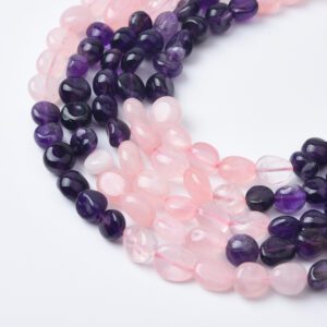 Natural Rose Quartz & Amethyst Pebble Chip Beads, 10mm Mixed Gemstone Full Strand 15.5", Healing Crystal Jewelry Making GRN517