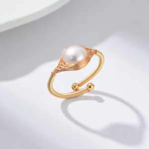 Gold Filled Adjustable Pearl Ring, Wire Wrapped Open Band Ring with White Shell Pearl for Women, Minimalist Handmade Jewelry Gift, RG234
