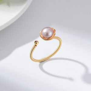 Gold Filled Adjustable Pearl Ring, Wire Wrapped Open Band Ring with Lavender Pink Shell Pearl for Women, Minimalist Jewelry Gift, RG235