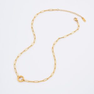 Gold Filled Paperclip Chain Necklace, Stainless Steel Link Necklace with Round Charm for Layering, Minimalist Everyday Jewelry Gift, SNL083