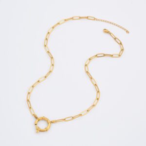 Gold Filled Paperclip Chain Necklace, Stainless Steel Toggle Clasp Necklace with Round Accent for Layering Minimalist Jewelry Gift, SNL085