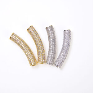 18K Gold Curved Tube Beads, Long Tube Spacer Beads, CZ Micro Pave Large Hole Tube Beads Spacer, DIY, Cubic Zirconia, 35x6mm, BD666