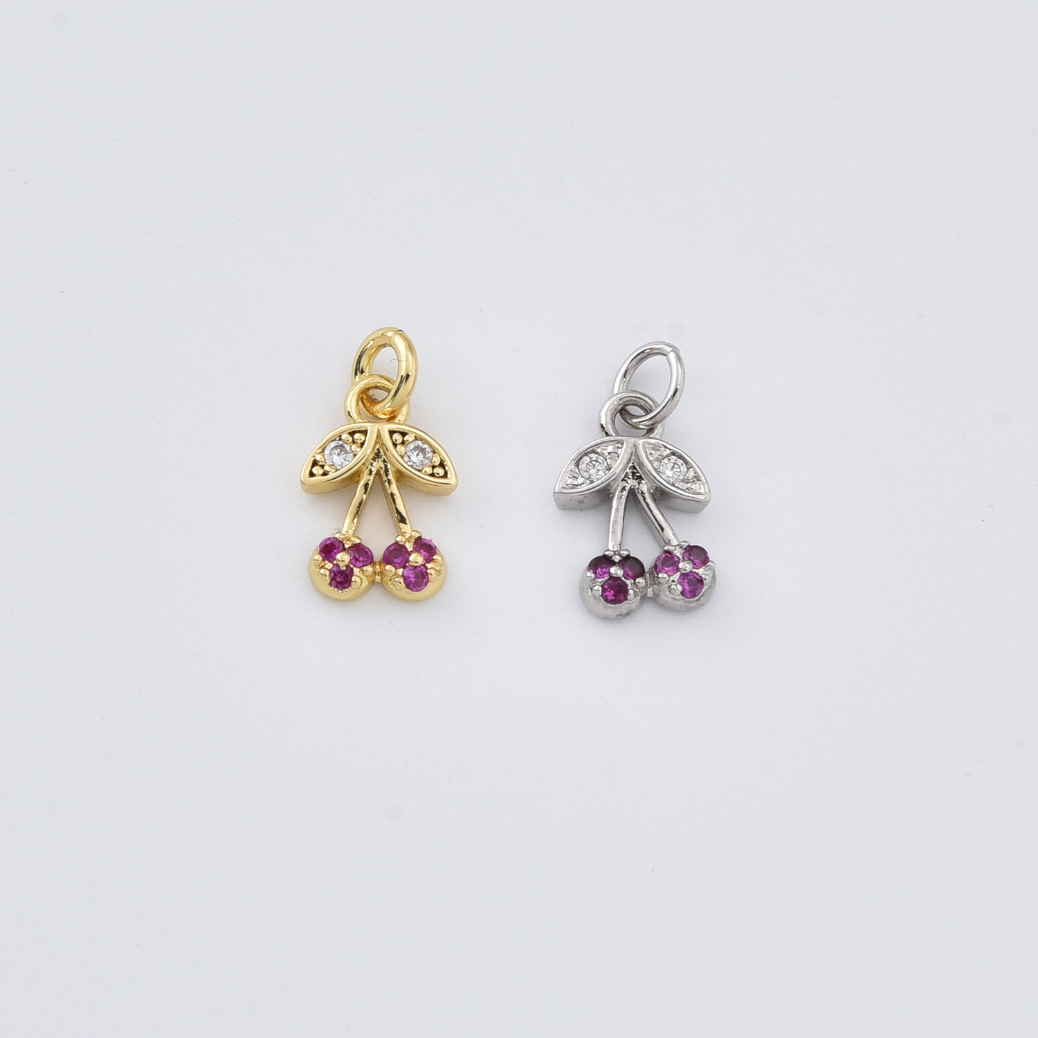 Gold Filled Cherry Pendant Charm, Silver Tone CZ Fruit Jewelry Making Supply for DIY Necklace Bracelet Earrings, Cute Summer Gift, CP224
