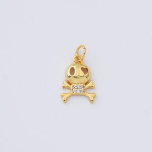 Gold Filled Skull Charm, Cute Skull and Crossbones Pendant with CZ for DIY Necklace Bracelet Earring Jewelry Making, Halloween Gift, CP2297